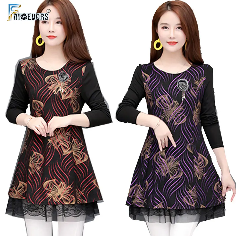 

Patchwork Faux Two Piece Tunic Top Women Fashion Stripe Floral Print Vintage Temperament Lady Belly Long Basic Shirt Blouse S28