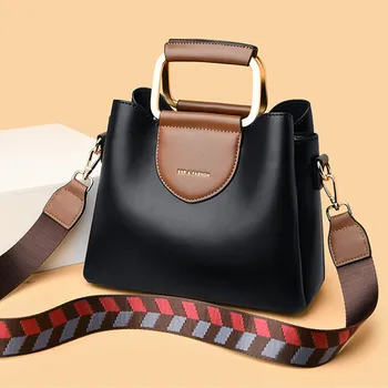 

Quality Black Bucket Bag for Women Medium Rivet Leather Lady Cross Body Shoulder Bag Wide Strap Female Tote Handbags Bolsa 2020