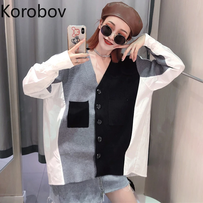 

Korobov Autumn Korean Women Cardigans Harajuku Hit Color Patchwork Knitted Sweater Pockets Single Breasted Cardigans 78961