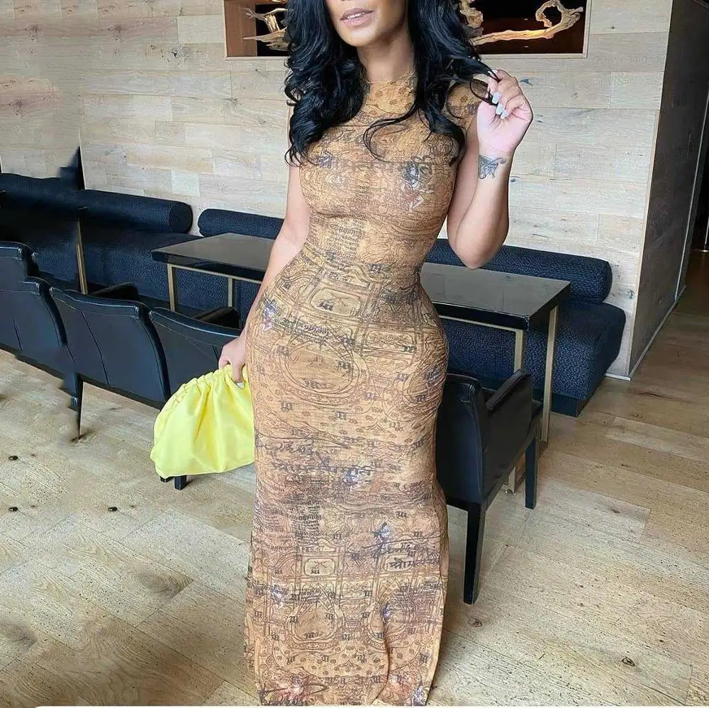 

2020 New African Dresses Bodycon For Women Fashion New Africa Khaki Print Sleeveless High Waist Floor Length Party Vestidos Hot