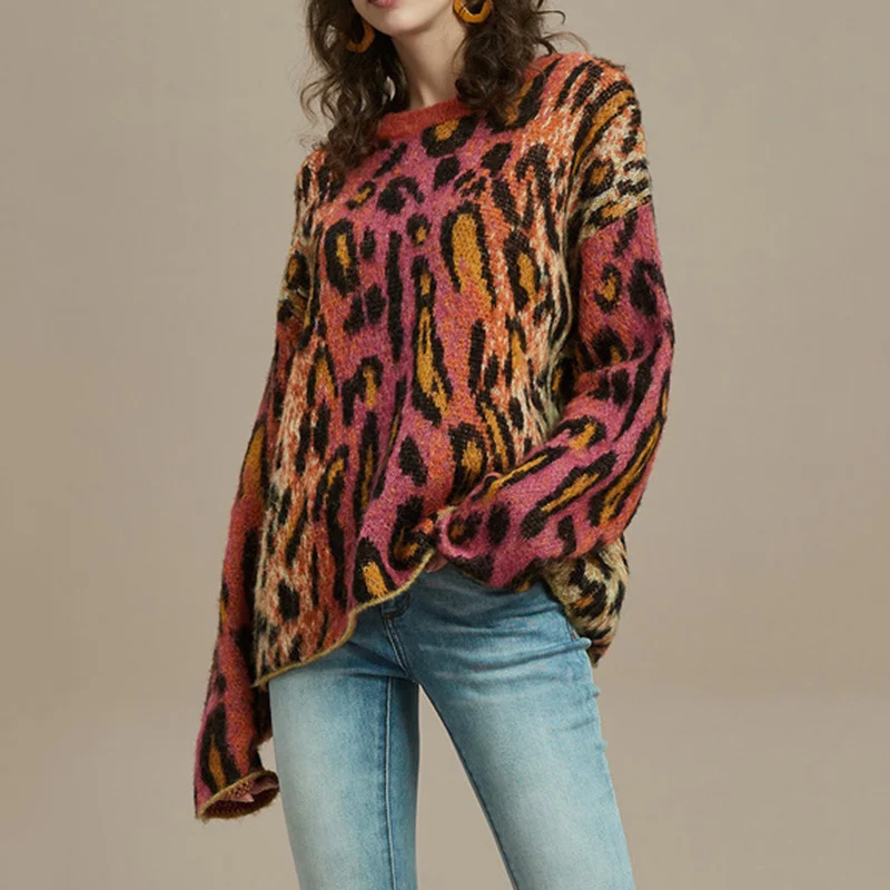 Leopard Jacquard Knit Pullover Sweater Women Autumn Winter Wool Bend O-neck Loose Female Knitwear Tops P-356 | Женская одежда