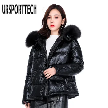 

Womens Winter Jackets and Coats Thick Hooded Fake Fur Collar Puffer Jacket Short Style Solid Metallic Color Ladies Fashion Parka