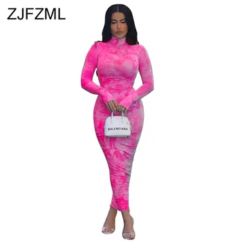 

Printed Sexy Wrap Long Dress Women Long Sleeve Ruched Bodycon Dresses Elegant Turtlenecks High Waist Bodycon Neon Party Dress