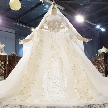 شراءفاخر الكرة ثوب الزفاف 2020 عارية الذراعين مع الحجاب Champange الذهب العروس ليكون فستان زفاف Vestido De Noiva Renda