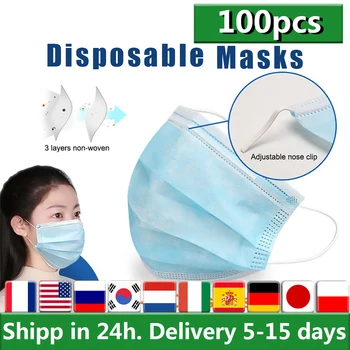 

100Pcs Anti-Dust Disposable Face Masks Non Woven 3 Layers Filter Face Mouth Mask Earloops Face Mouth Masks Meltblown Cloth Masks