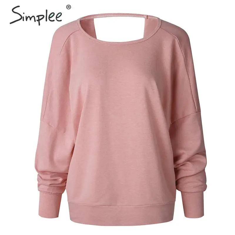 Simplee Повседневная женскoе футболкa с длинным рукавом сплошной женский пуловер осень свободнoe мягкoе женскoе топ - Цвет: Розовый