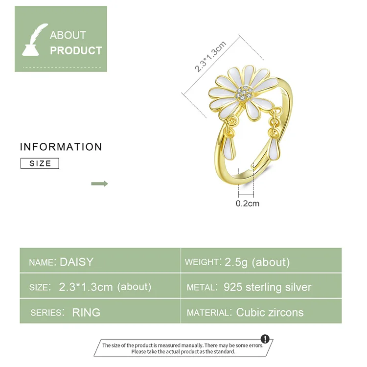 DISINIYA падающий лепесток Маргаритка палец кольца для женщин цветок из белой эмали дизайн регулируемое кольцо стерлингового серебра 925 ювелирные изделия