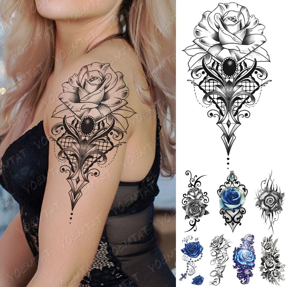 Tatouage Avant Bras Femme Rose Dentelle Tatouage Temporaire Imperméable, Autocollant Lys Bleu Rose, Totem Fleur,  Gemme Dentelle, Bras D'art Corporel, Fausse Manche, Pour Femmes Et Hommes -  Temporaire Tatouages - AliExpress
