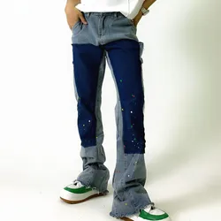 Pantalones vaqueros de retazos de inyección de tinta para hombre, Jeans rectos Retro desgastados, estilo Hip Hop, color azul, 2021
