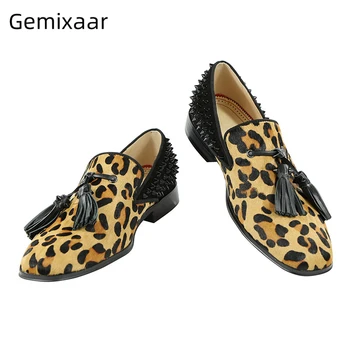 

Luxury Suede Leopard Casual Shoes Man Round Toe Slip-on Loafers Back Rivet Decor Fringe Tassel Dress Men Shoes