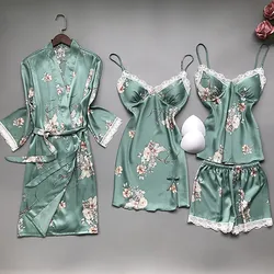 2021 New Pajamas Set for Women Spring Summer Sexy Lace Nightwear Silk Satin Sleepwear 4 Pieces Night Suit with Chest Pads