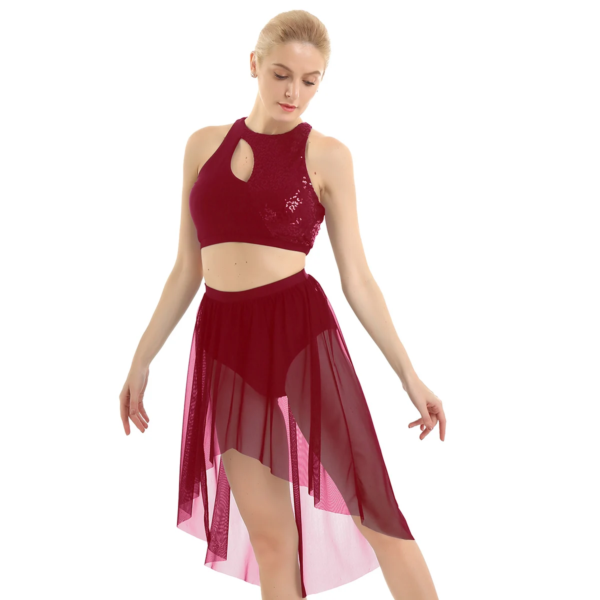 Wine Red 2 шт., женское платье для танца живота, лирический костюм, наряды, асимметричный блестящий топ без рукавов с блестками+ юбка в сеточку с высокой талией - Цвет: Wine Red