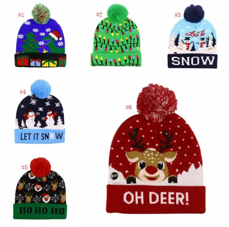 

Christmas Fashion LED Knitted Hat Fashion Xmas caps Light-up Beanies Hats Outdoor Light Pompon Ball Ski Cap Party Hats SN2382