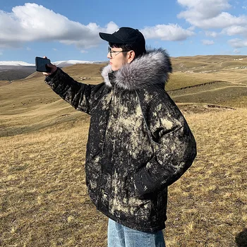 

2020 Harajuku Men Parka Cotton Thicken Jacket Winter New Warm Fashion Fleece Jackets Coats Big Fur Collar Men's Parkas Tie dye