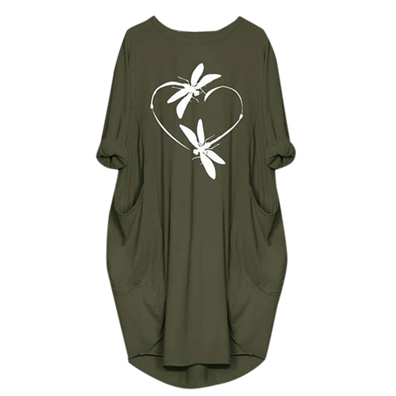 Женские платья, повседневные женские осенние платья, свободные Карманные платья с принтом стрекозы, женская уличная одежда, платья с коротким рукавом