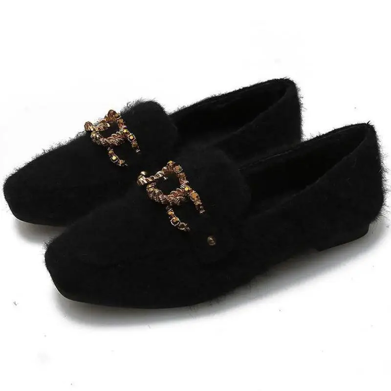 

Large Size 34~44 Winter Plush Flats Warm Shoes Slip On Fur Loafers Fashion Crystal Lady Shoes Moccasins Footwear Zapatos Mujer