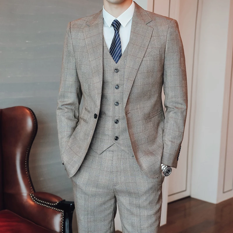 High Quality Man Wedding Suits 2019 New Fashion male Plaid Suit Size XXL XXXL 4XL 5XL Mens Suit Jacket + Pants + Vest