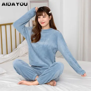

Winter Flannel Pajama Set Women Long Sleeve Loose Top Elastic Thick Warm Sleepwear Home Wear Female Nightgown Suit Pajama Set