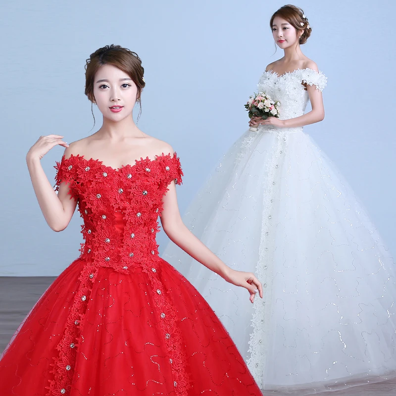 

White Red Wedding Dress Plus Size Ball Gowns Bride Lace Up Wedding Dress Bridal Embroidery Dresses