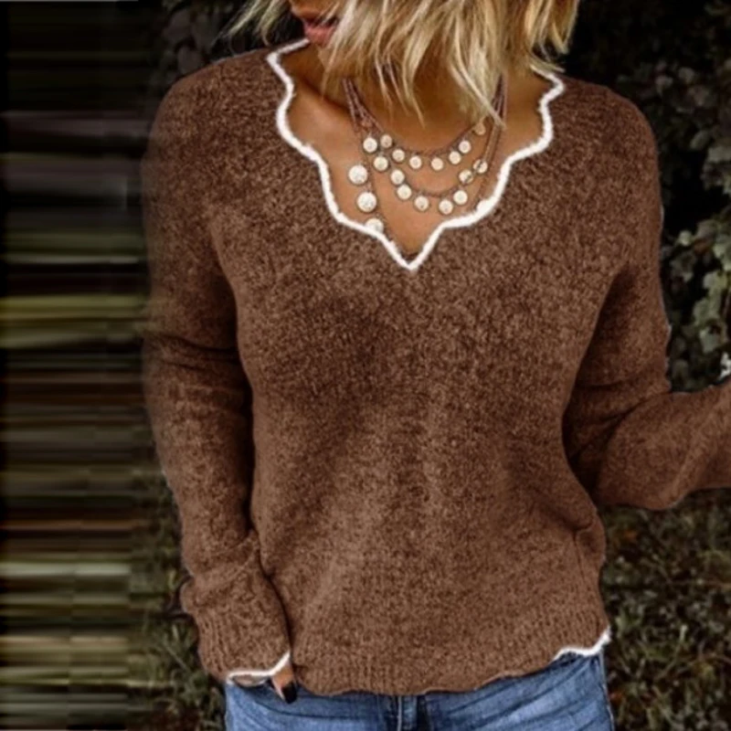 S-3XL, женские сексуальные свитера с v-образным вырезом, Осень-зима, пуловер с длинным рукавом, топы, свитер, Женский Повседневный джемпер с круглым вырезом, вязаная одежда для женщин - Цвет: Brown