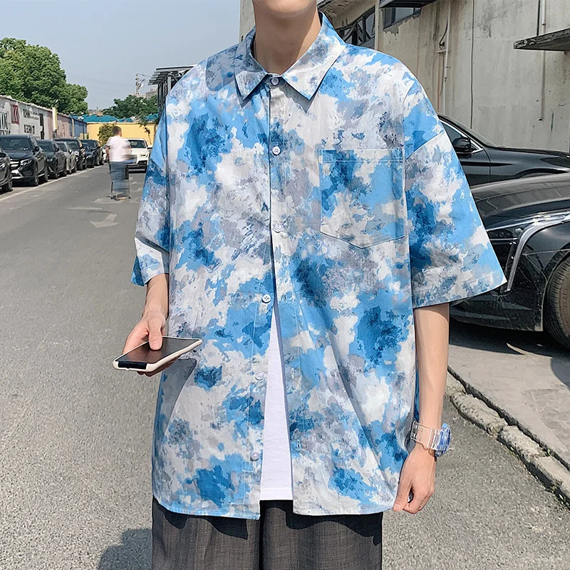 

#2451 Summer Tie Dyeing Blousers Man Plus Size Short Sleeve Casual Shirts Male Vintage Streewear Tops Thin Shirt Men Cotton Top