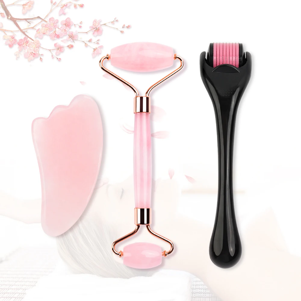 

Natural Jade Roller & Guasha Derma Roller Kit Beauty Massager for Face Double Heads Massage Roller Facial Lifting Massager