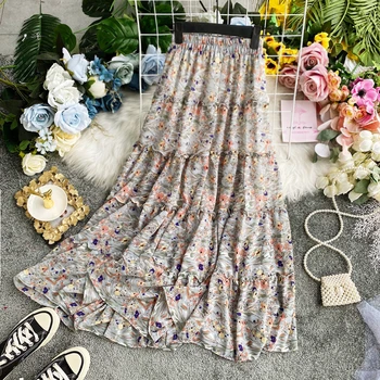 

Vintage Floral Women Skirt Summer 2020 New Korea Lace up High waist A-line Fashion Maxi Dress