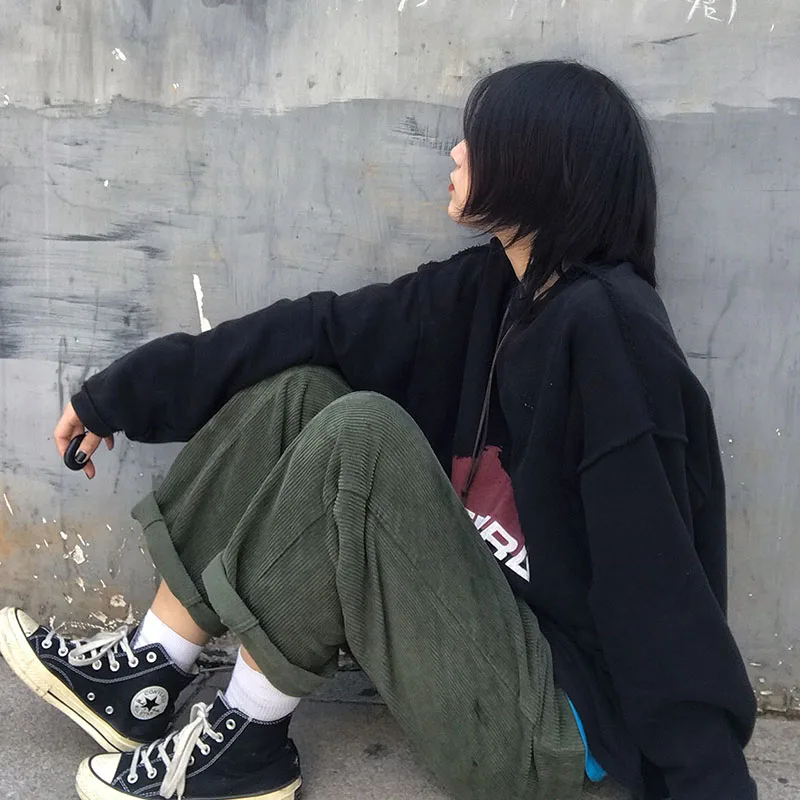 Вельветовые BF Капри ins Корейская женская одежда harajuku ulzzang свободные повседневные спортивные штаны широкие штаны фиолетовые зеленые
