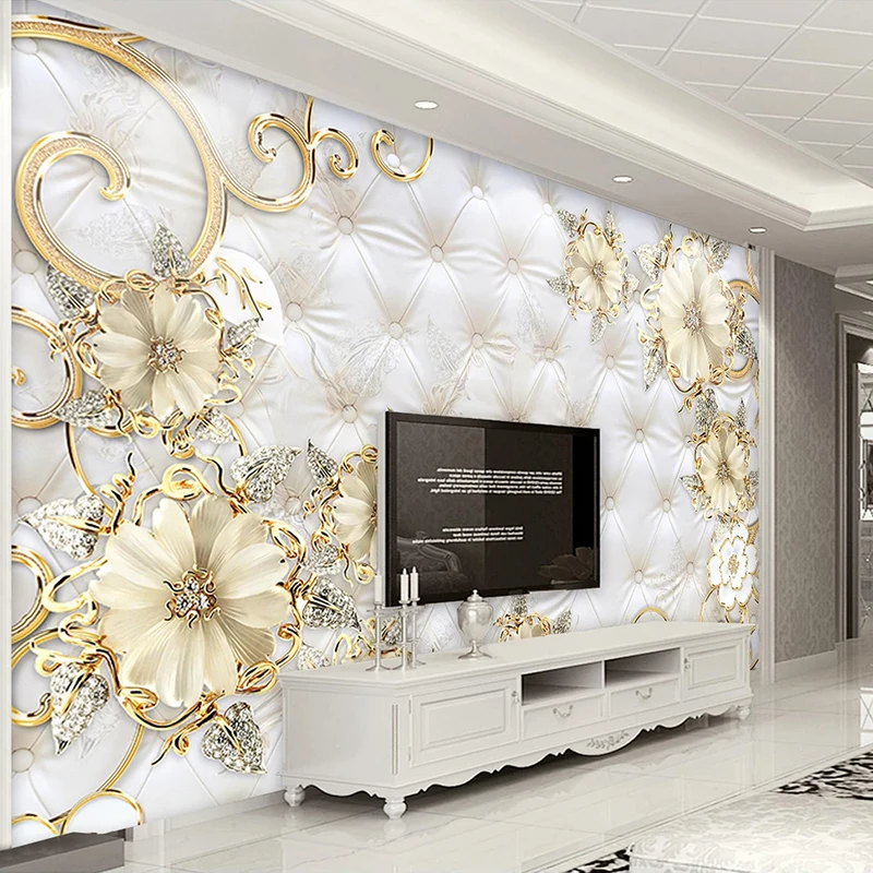 EuropeanStyle3DJewelryFlowerSoftBagMuralLuxuryLivingRoomSofaTVBackgroundImitation