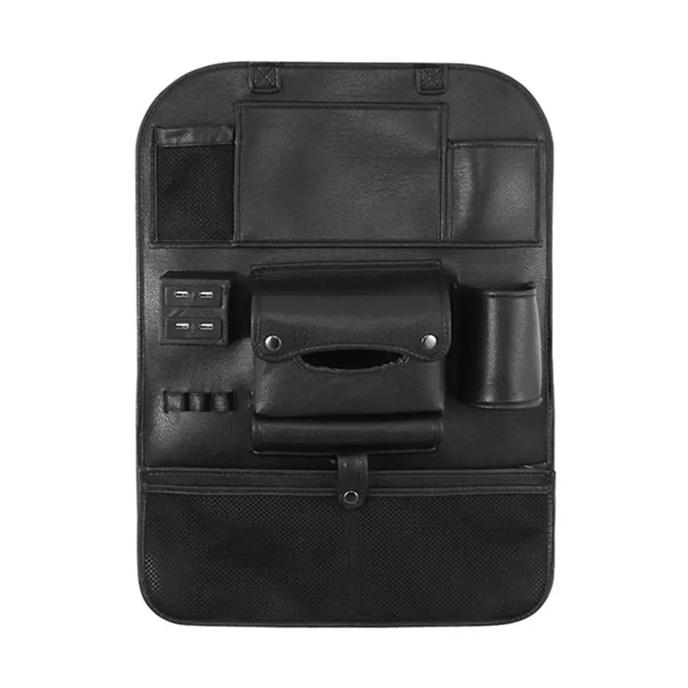New PG-09 4 USB Car Seat Back Storage Bag Multifunction PU Leather Car Seat Back Bag USB Charger Phone Storage Organizer - Название цвета: Черный