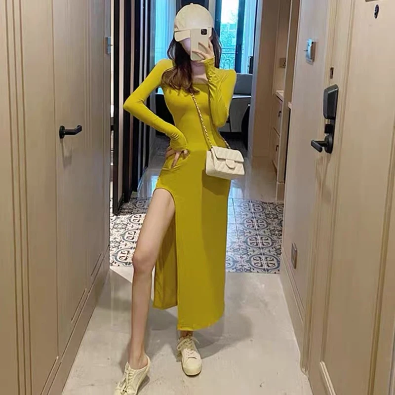 

Spring and autumn long-sleeved slit dress women elegant temperament Midi dress side slit slim long dress solid color