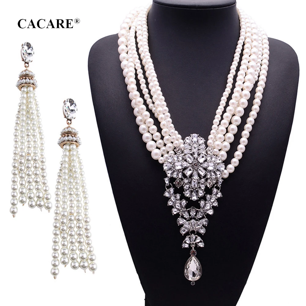 

Fashion Pearl Jewelry Set for Women Big Vintage Necklace Earrings Set Jewelry F0539