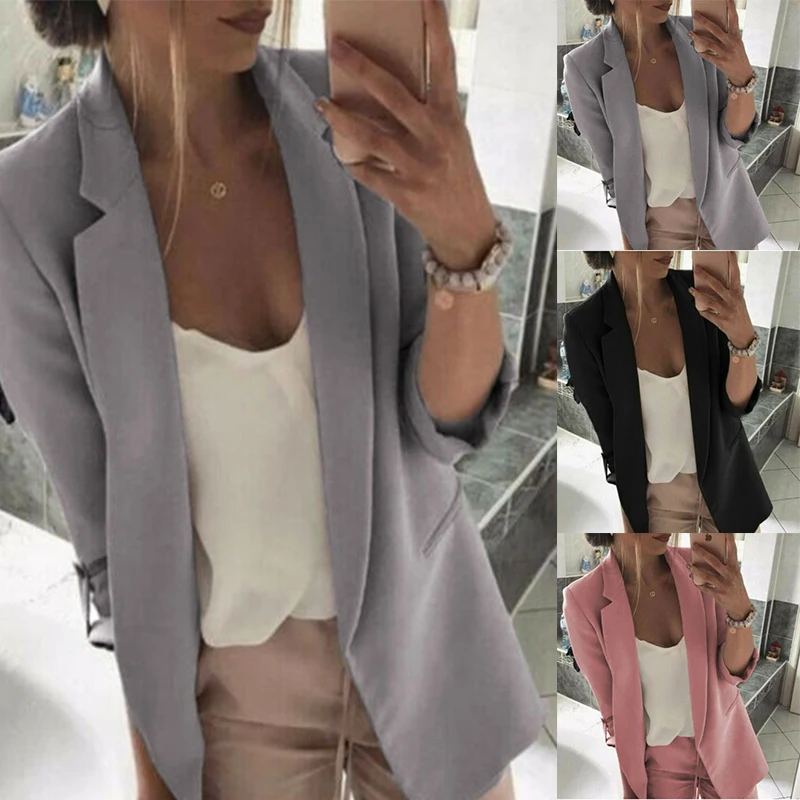 New Womens Elegant Blazer Women Long Sleeve Blazer Plus Size Suit Coat Black Gray Pink Ladies Office Work Business Outwear