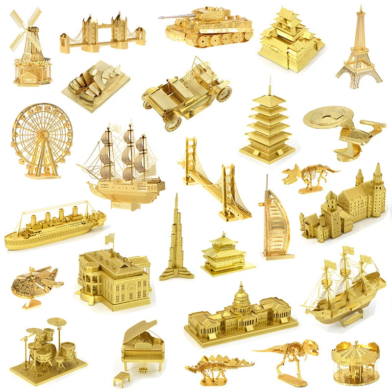 

Gold 3D Metal Puzzles DIY Copper Architecture Model Kits Laser Cut Jigsaw Adults Buildings Tank Ship Collection Home Decor Toys