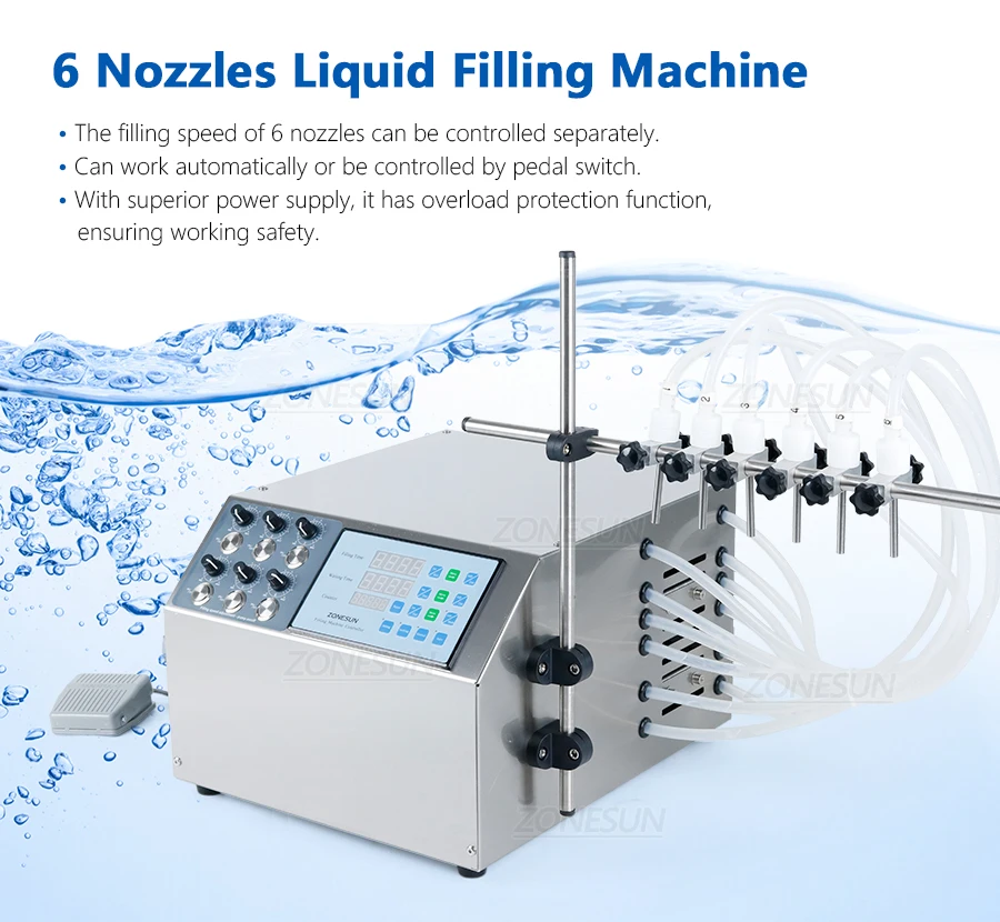 ZONESUN ZS-DPYT6P  6 Nozzles Liquid Filling Machine Water Bottle Filler