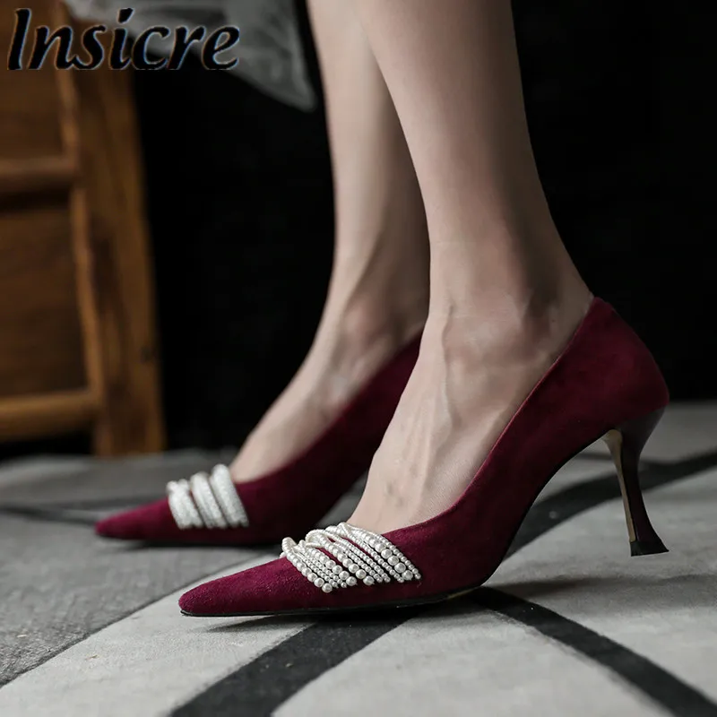 

Insicre Women Pumps Kid Suede Pointed Toe Bead 2021 Summer Thin High Heel Shoes Shallow Classics Handmade Party Wine Red