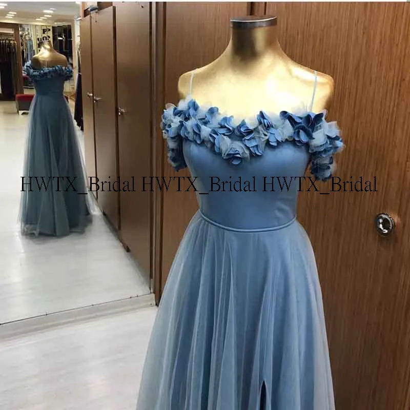 HWTX_Bridal синие длинные платья для выпускного вечера элегантное А-силуэт 3D цветы с открытыми плечами Тюль Формальное женское вечернее платье на заказ