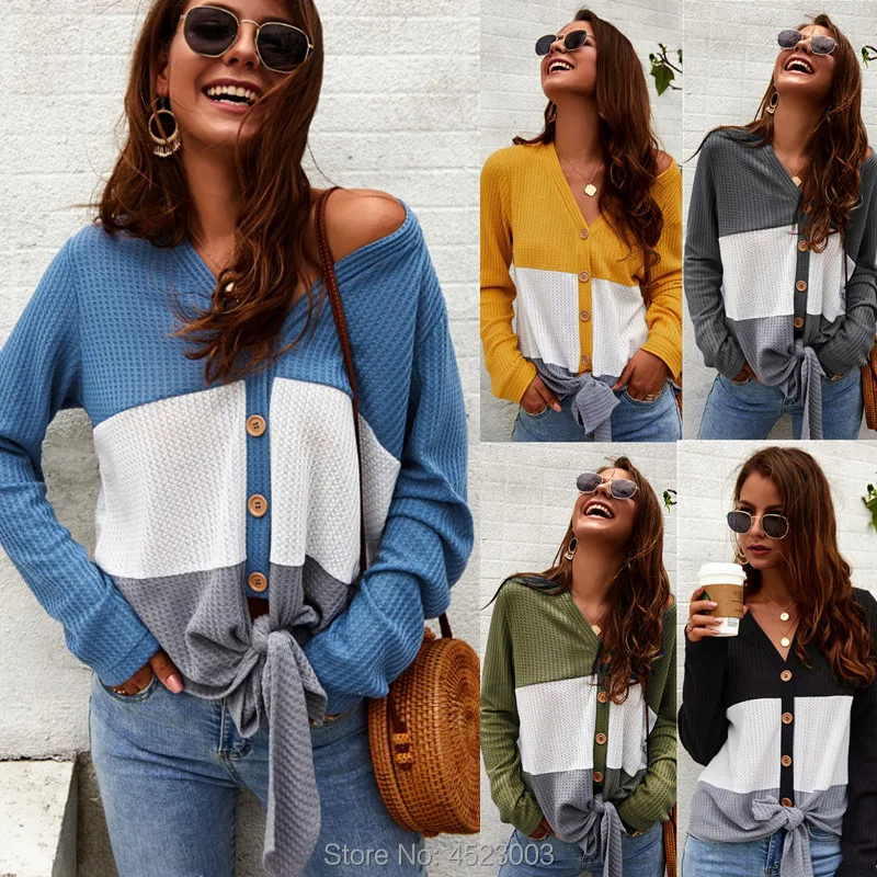 

Sexy Autumn Winter Women Knitted Sweaters Tops Loose Sweater V-neck Long Sleeves Button Sweaters Pullovers