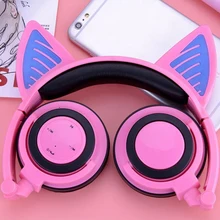 Розовые милые Bluetooth кошачьи наушники беспроводные для девочек стерео глубокий бас складные светящиеся наушники с микрофоном