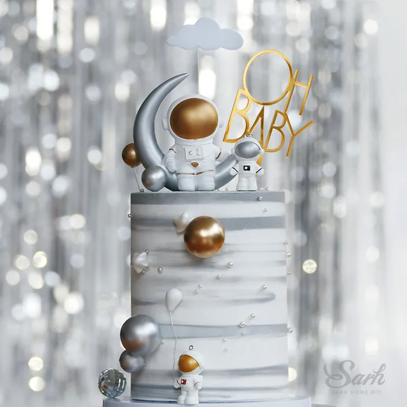 

Rocket Astronaut Spaceship Decorations "Oh Baby" Happy Birthday Cake Toppers Wedding Baby Show Baking Supplies Ins Lovely Gifts