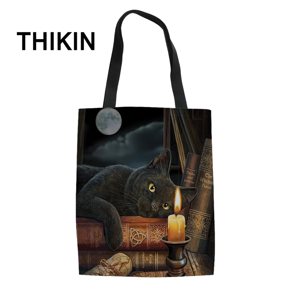 THIKIN 3D черная кошка печать холст сумки для подростков Милая книга с изображением животных Сумки настроить дамы складная сумка для покупок оптом - Цвет: 1