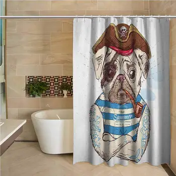 

Pug Hotel Quality Polyester Shower Curtain Pirate Pug Conqueror of The Seas Pipe Skulls and Bones Hat Striped Sleeveless T-Shirt