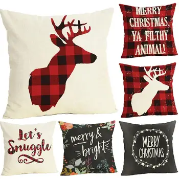 

fashion Plaid Merry Christmas Pillow Protective Case Cushion Home Soft Bed Decor Plaid Pattern Merry Christmas Letters elk Santa