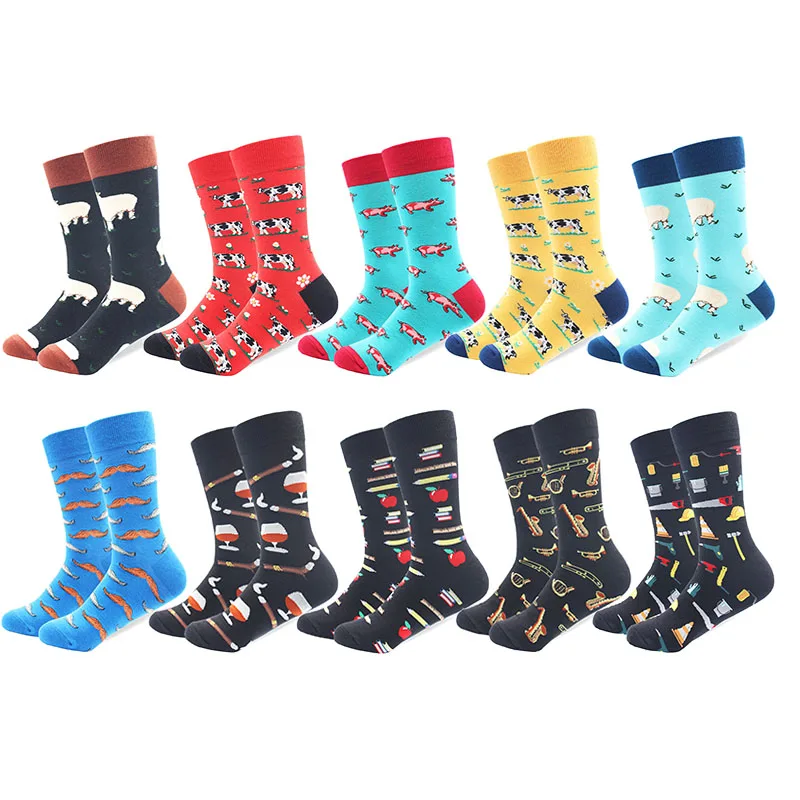 10 Pairs/Lot Men's Funny Colorful Combed Cotton Happy Socks Multi Pattern Animal Stripe Cartoon Dot Novelty Skateboard Art Socks