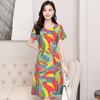 

XL-6XL Summer Cotton Linen Vintage Dress Women Casual Print Short Sleeve Women Plus Size Dress Summer Elegant Loose Women Dress