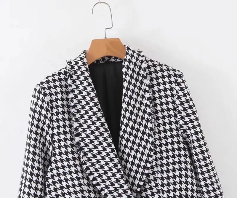Women Long Sleeve Houndstooth Blazers Turn-Down Collar Double-Breasted Suit Coat Female Business Outwear
