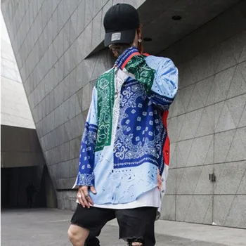 

2019 spring summer floral printed men oversized shirt irregular hem design vintage man long shirts punk hip hop streetwear