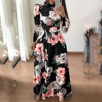 

Flower Printed Women Plus Size Boho 2020 Spring Black Blue Long Maxi Dress Day Office Lady Belt Dresses Robe Vintage Retro Dress