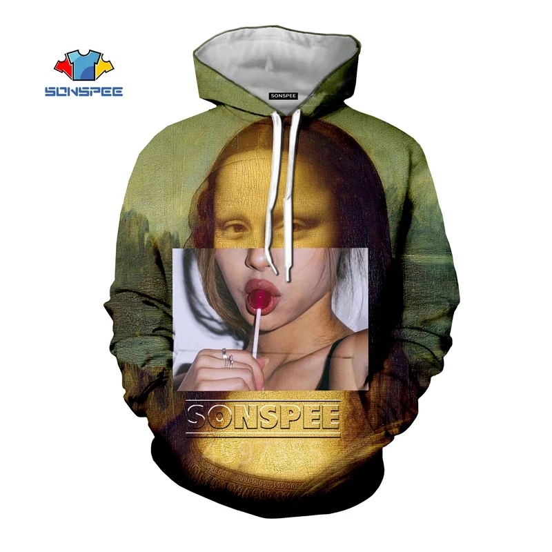 SONSPEE/Осенняя толстовка для мальчиков и девочек-подростков с 3D принтом Mona Lisa harajuku; худи для отдыха с длинными рукавами; зеленый пуловер для детей; C144