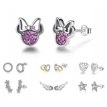 Оригинальные 925 пробы серебряные серьги-гвоздики в виде сердец Минни маленькие серьги с кристаллами для женщин подходят для подарка модные ювелирные изделия
